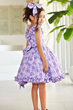 Kız Çocuk Yakası ve Etek Ucu Fırfırlı Üzeri Gül Baskılı Kolsuz Lila Elbise