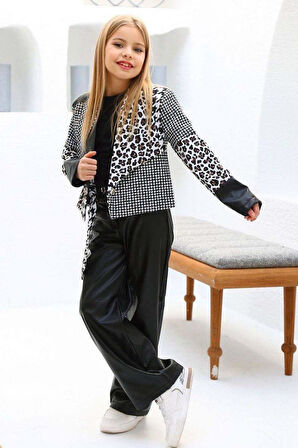Kız Çocuk Üzeri Leopar ve Kazayağı Deri Detaylı Ceket Bol Kesim Pantolon Siyah Alt Üst Takım