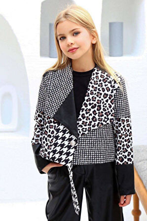 Kız Çocuk Üzeri Leopar ve Kazayağı Deri Detaylı Ceket Bol Kesim Pantolon Siyah Alt Üst Takım