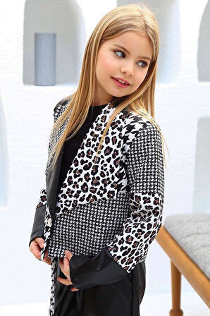 Kız Çocuk Üzeri Leopar ve Kazayağı Deri Detaylı Ceket Bol Kesim Pantolon Siyah Alt Üst Takım