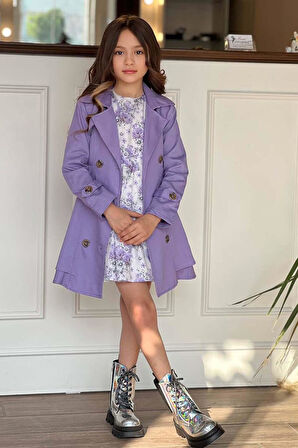 Kız Çocuk Çiçek Desenli Piliseli Lila Trençkotlu Elbise