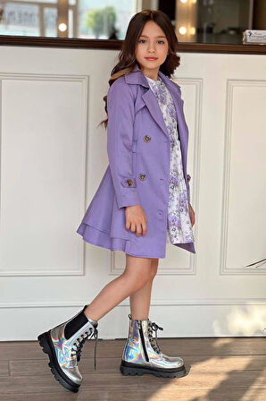 Kız Çocuk Çiçek Desenli Piliseli Lila Trençkotlu Elbise