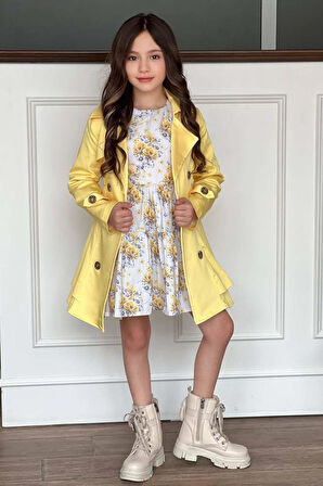 Kız Çocuk Çiçek Desenli Piliseli Limon Sarısı Trençkotlu Elbise