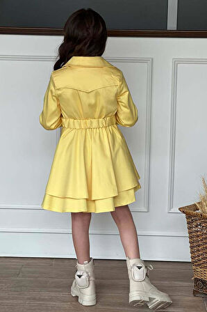 Kız Çocuk Çiçek Desenli Piliseli Limon Sarısı Trençkotlu Elbise