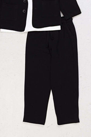 Erkek Çocuk Kruvaze Yaka Kesim Çift Cepli Keten Blazer Ceket Penye T-Shirt Siyah Keten Alt Üst Takı