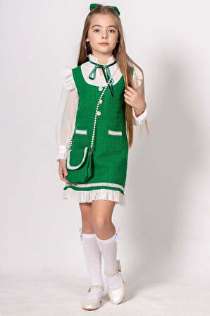 Kız Çocuk Kolları ve Yakası Şifon Etek Ucu Fırfırlı İnci İşlemeli Çift Cepli Yeşil Triko Elbise