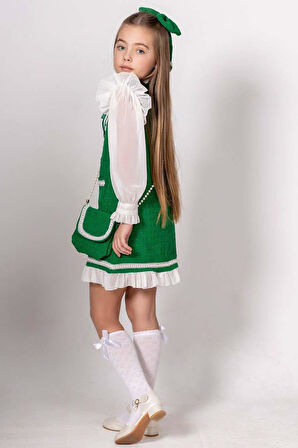 Kız Çocuk Kolları ve Yakası Şifon Etek Ucu Fırfırlı İnci İşlemeli Çift Cepli Yeşil Triko Elbise