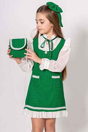 Kız Çocuk Kolları ve Yakası Şifon Etek Ucu Fırfırlı İnci İşlemeli Çift Cepli Yeşil Triko Elbise