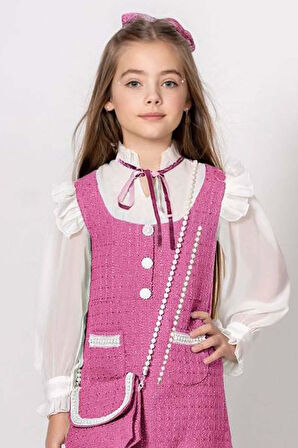 Kız Çocuk Kolları ve Yakası Şifon Etek Ucu Fırfırlı İnci İşlemeli Çift Cepli Pembe Triko Elbise