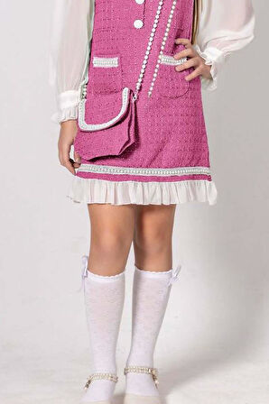 Kız Çocuk Kolları ve Yakası Şifon Etek Ucu Fırfırlı İnci İşlemeli Çift Cepli Pembe Triko Elbise