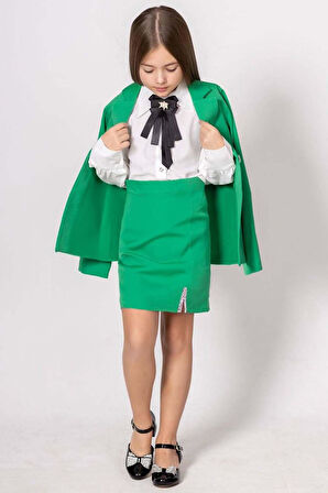 Kız Çocuk Elmas Taş Detaylı Hakim Yaka Blazer Ceket Kol Uçları Taş Düğme Gömlek Yeşil Etekli Takım