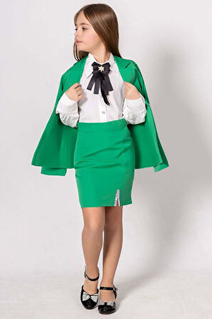 Kız Çocuk Elmas Taş Detaylı Hakim Yaka Blazer Ceket Kol Uçları Taş Düğme Gömlek Yeşil Etekli Takım