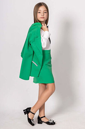 Kız Çocuk Elmas Taş Detaylı Hakim Yaka Blazer Ceket Kol Uçları Taş Düğme Gömlek Yeşil Etekli Takım