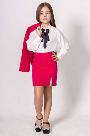 Kız Çocuk Elmas Taş Detaylı Hakim Yaka Blazer Ceket Kol Uçları Taş Düğme Gömlek Pembe Etekli Takım