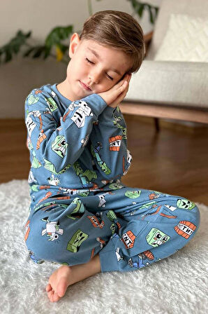 Erkek Çocuk Robot ve Creeper Baskılı Mavi Pijama Takımı