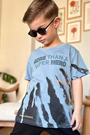 Erkek Çocuk More Than Yazı ve Eskitme Yazı Baskı Detaylı T-Shirt Mavi Eşofman Takım
