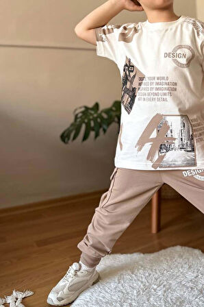 Erkek Çocuk Kargo Cepli ve Design Baskılı Bej Eşofman Takım