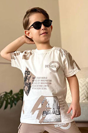 Erkek Çocuk Kargo Cepli ve Design Baskılı Bej Eşofman Takım