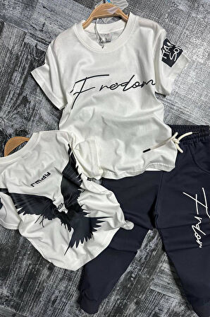 Erkek Çocuk Önü Fredoom Yazı Baskı Arkası Kartal Figürlü T-Shirt Siyah Eşofman Takım