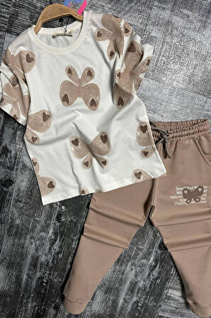 Kız Çocuk Simli Kelebek Baskı Bisiklet Yaka T-Shirt Bej Eşofman Takım