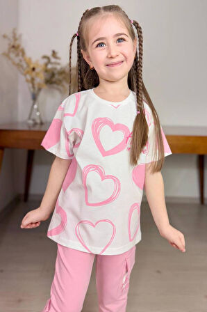 Kız Çocuk Pano Kalp Baskı Bisiklet Yaka T-Shirt Kargo Cepli Alt Pembe Eşofman Takım