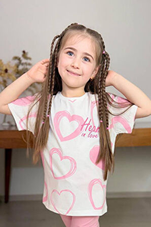 Kız Çocuk Pano Kalp Baskı Bisiklet Yaka T-Shirt Kargo Cepli Alt Pembe Eşofman Takım