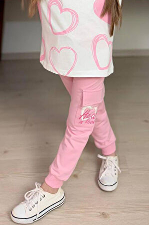 Kız Çocuk Pano Kalp Baskı Bisiklet Yaka T-Shirt Kargo Cepli Alt Pembe Eşofman Takım