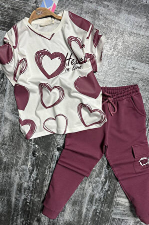 Kız Çocuk Pano Kalp Baskı Bisiklet Yaka T-Shirt Kargo Cepli Alt Mor Eşofman Takım