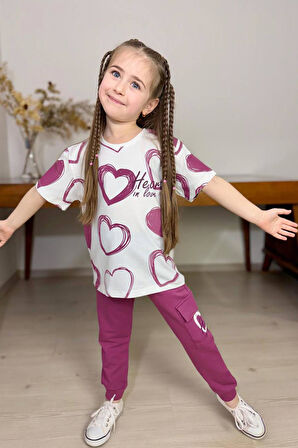 Kız Çocuk Pano Kalp Baskı Bisiklet Yaka T-Shirt Kargo Cepli Alt Mor Eşofman Takım