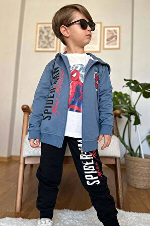 Erkek Çocuk Örümcek Adam Baskılı ve Yazı Detaylı Kapüşonlu Lacivert Ceket Eşofman Takım