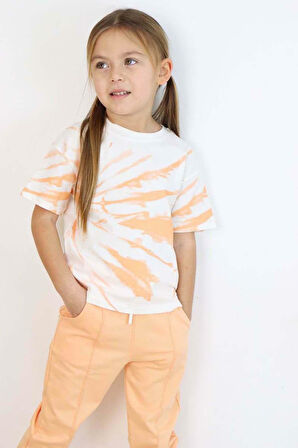 Kız Çocuk Bisiklet Yaka Boya Desenli T-Shirt Cımalı Somon Eşofman Takım