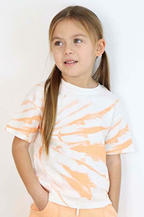 Kız Çocuk Bisiklet Yaka Boya Desenli T-Shirt Cımalı Somon Eşofman Takım