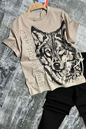 Erkek Çocuk Kara Kalem Kurt ve Yazı Baskılı Kahverengi T-Shirt Eşofman Takım