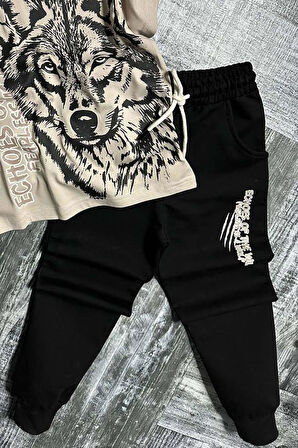 Erkek Çocuk Kara Kalem Kurt ve Yazı Baskılı Kahverengi T-Shirt Eşofman Takım