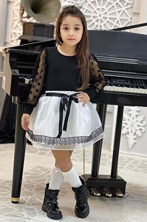 Kız Çocuk Kolları Puantiye ve Şeffaf Tül Detaylı Siyah Kazak Üzeri Güpür Tüllü Saten Etekli Takım