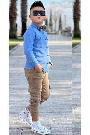 Erkek Çocuk Kapak Cepli Jean Gömlek Kargo Cep Detaylı Lastikli Pantolon Papyonlu Alt Üst Takım