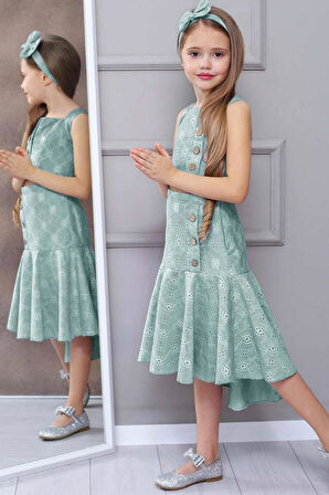 Kız Çocuk Dantel Örgü İşlemeli Askılı Crop Düğme İşlemeli Pliseli Yeşil Etekli Takım