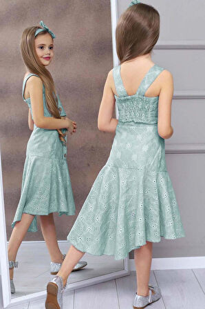 Kız Çocuk Dantel Örgü İşlemeli Askılı Crop Düğme İşlemeli Pliseli Yeşil Etekli Takım