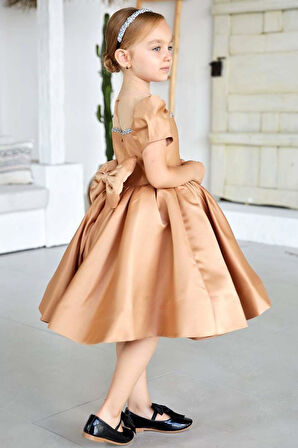 Kız Çocuk Yakası Taş Şerit İşlemeli Şeffaf Tül Detaylı Balon Kollu Kahverengi Saten Abiye