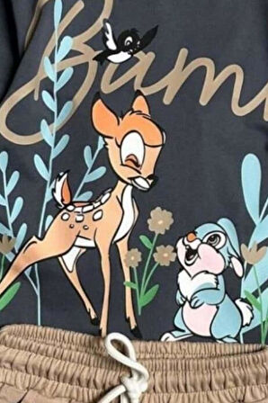 Kız Çocuk Ceylan ve Tavşan Figürlü Bej Şortlu Takım