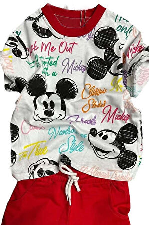 Erkek Çocuk Renkli Yazılar ve Karakter Baskılı Kırmızı Şortlu Takım