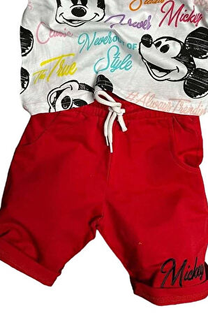 Erkek Çocuk Renkli Yazılar ve Karakter Baskılı Kırmızı Şortlu Takım