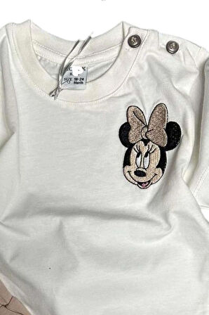 Kız Bebek Ördek İşlemeli Yazı Detaylı Kahverengi Şortlu Takım