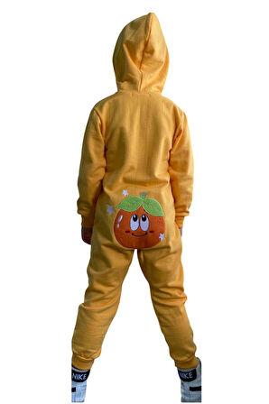 Erkek Bebek Üzerinde Portakal Yazı ve Baskılı Önü Fermuarlı Kapüşonlu Turuncu Tulum