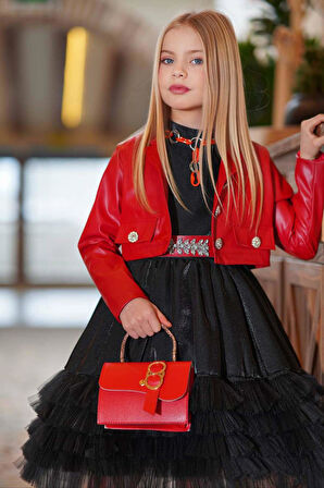 Kız Çocuk Sıfır Kol Beli Taş Şerit Detaylı Eteği Kat Kat Tüllü Parlak Deri Ceketli Siyah Elbise