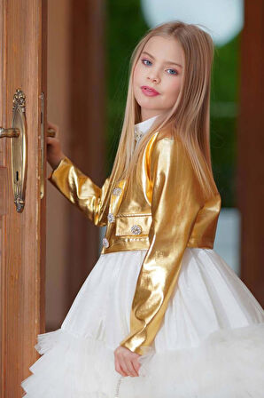 Kız Çocuk Sıfır Kol Beli Taş Şerit Detaylı Eteği Kat Kat Tüllü Parlak Deri Ceketli Beyaz Elbise