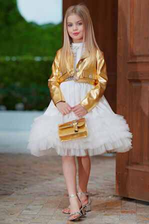 Kız Çocuk Sıfır Kol Beli Taş Şerit Detaylı Eteği Kat Kat Tüllü Parlak Deri Ceketli Beyaz Elbise