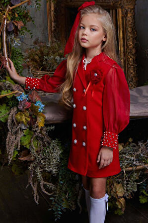 Kız Çocuk Bilekleri İnci Boncuk İşlemeli Kolları Şeffaf Kumaş Taş Düğme Detaylı Kırmızı Elbise