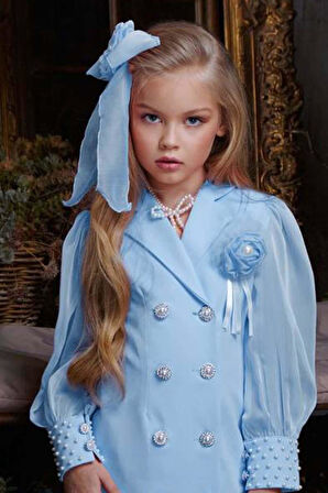 Kız Çocuk Bilekleri İnci Boncuk İşlemeli Kolları Şeffaf Kumaş Taş Düğme Detaylı Mavi Elbise