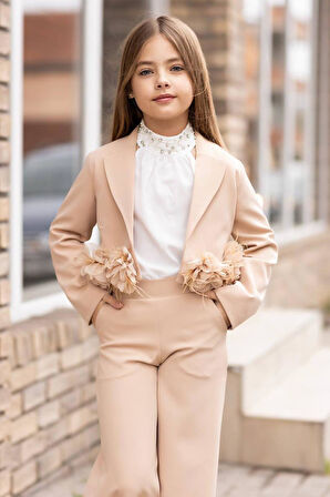 Kız Çocuk Çiçek Broş Detaylı Blazer Ceket Halter Yaka Taş Detaylı Bluz Krem Alt Üst Takım